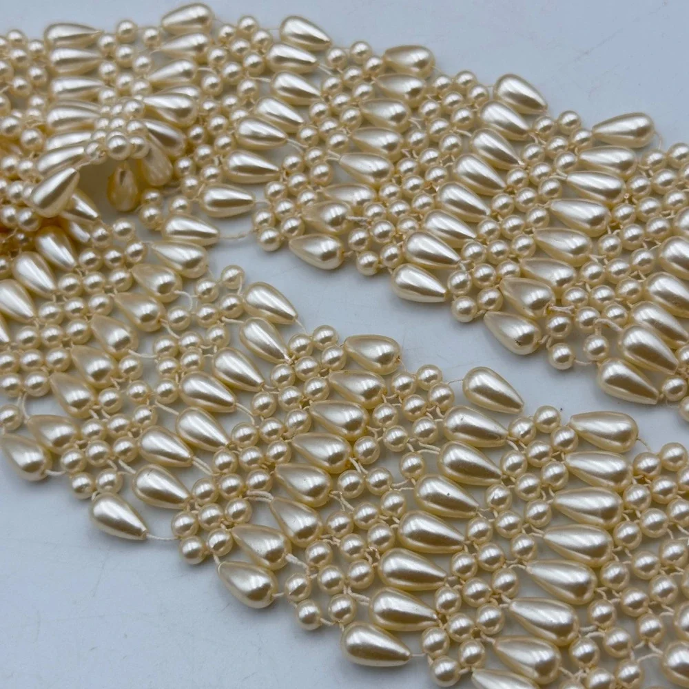 Vintage Faux Pearl Belt Cream Woven Elastic Gold Clasp 31 Inch Waist Statement